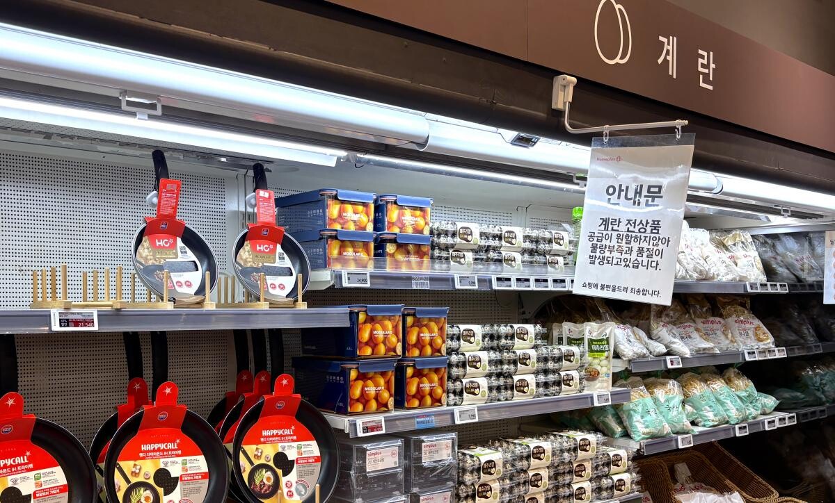 4월 14일 서울 강서구 홈플러스 강서점 매장 내부 계란 상품 구역에 계란 대신 프라이팬 제품이 올려져 있다. 사진=윤채현 인턴기자