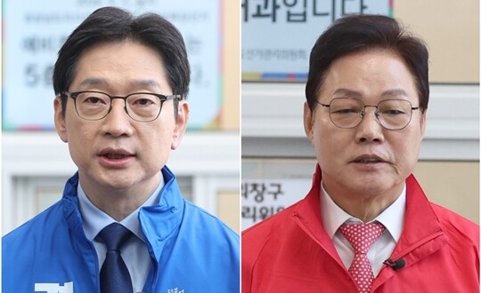 더불어민주당 김경수 경남지사 후보와 국민의힘 박완수 경남지사 후보. 사진=연합뉴스