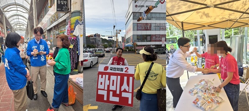 부산 북구갑 국회의원 보궐선거에 출마한 더불어민주당 하정우 후보, 국민의힘 박민식 후보, 무소속 한동훈 후보(왼쪽부터). 사진=김철준 기자·하정우 후보 페이스북.