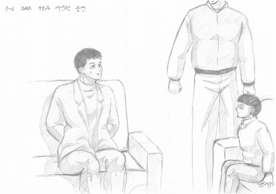 이민형 씨가 수갑은 찬 채 피해자의 아들과 대면하는 모습. 그림=이민형