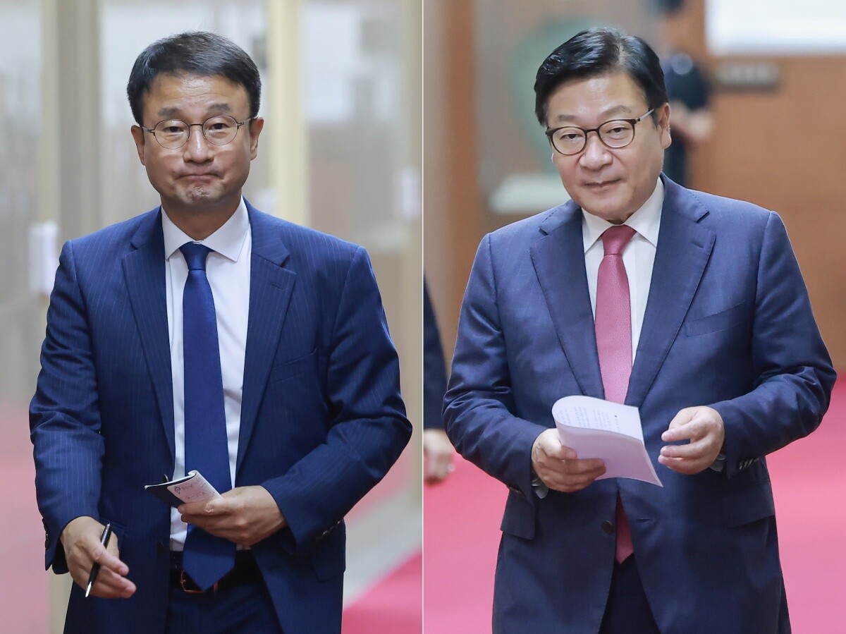 한병도 민주당 대표 직무대행 겸 원내대표(왼쪽)와 정점식 국민의힘 원내대표. 사진=연합뉴스