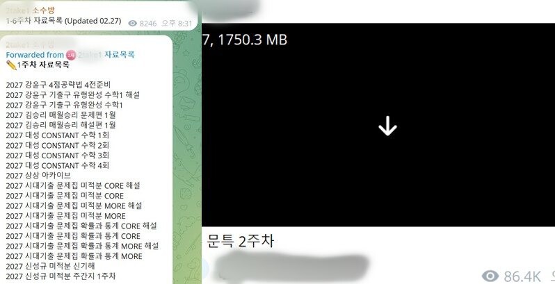 A 채널의 입시 자료는 다른 곳으로 퍼지며 유사한 불법 공유방을 계속 만들어냈다. 왼쪽은 소수방, 오른쪽은 유명 학원 강사의 강의를 불법 녹화한 영상이 공유된 채팅방. 사진=텔레그램 화면 캡처