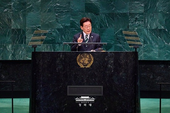 유엔총회에서 기조연설하는 이재명 대통령. 사진=청와대 제공