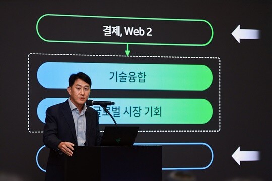 지난해 11월 경기도 성남시에 위치한 네이버 1784에서 진행된 네이버-네이버파이낸셜-두나무 3사 공동 기자간담회에서 오경석 두나무 대표가 발표하고 있다. 사진=네이버 제공