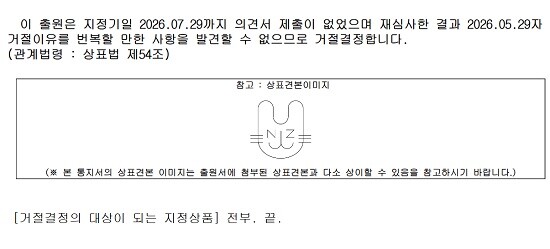 지난 5월 29일 발송된 지식재산처의 의견제출통지서에 뉴진스 멤버들이 대응하지 않으면서 결국 일부 NJZ 상표에 등록 거절 결정이 내려졌다.  사진=지식재산처 거절결정서 캡처