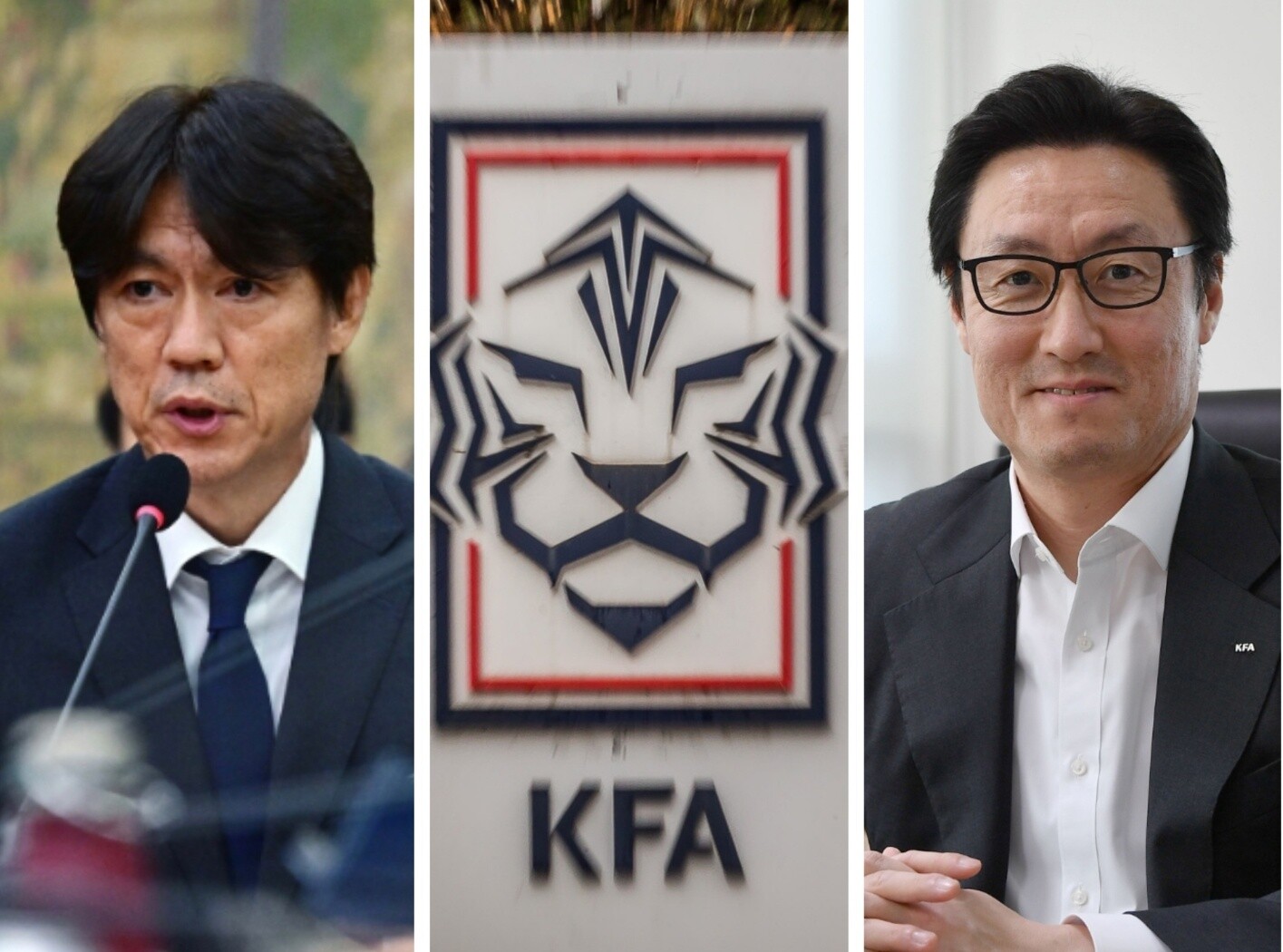 홍명보 전 축구 국가대표팀 감독(왼쪽)과 전한진 KFA 국제위원장은 2017년 KFA 전무이사와 사무총장으로 각각 인선됐다. 사진=일요신문DB·KFA